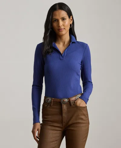 Ralph Lauren Women's Rib-knit Long-sleeve Polo Top In Blue