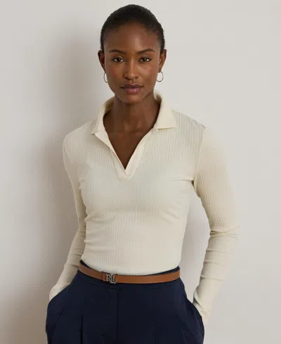 Ralph Lauren Women's Rib-knit Long-sleeve Polo Top In White