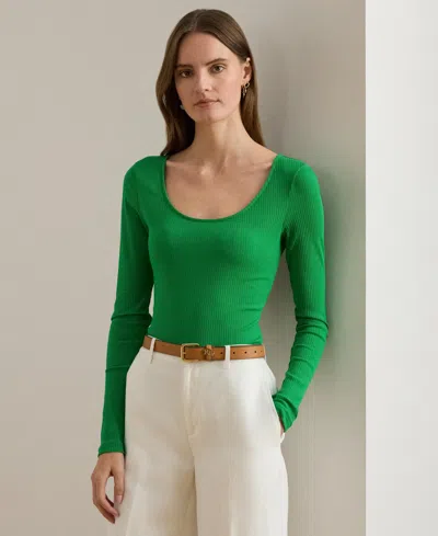 Ralph Lauren Rib-knit Long-sleeve Scoopneck Tee In Stem In Green