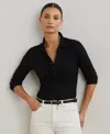 Ralph Lauren Rib-knit Three-quarter-sleeve Polo Shirt In Black