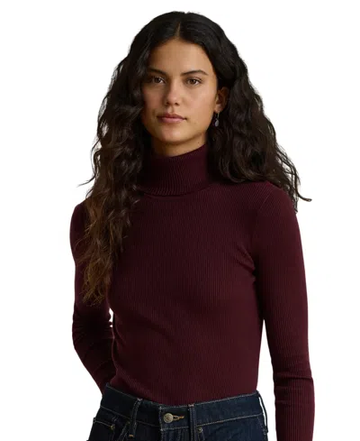 Ralph Lauren Womens Ribbed Slim Fit Cotton Blend Turtleneck Sweater In Burgundy