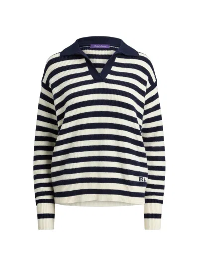 Ralph Lauren Striped Cashmere Polo Sweater In Blue