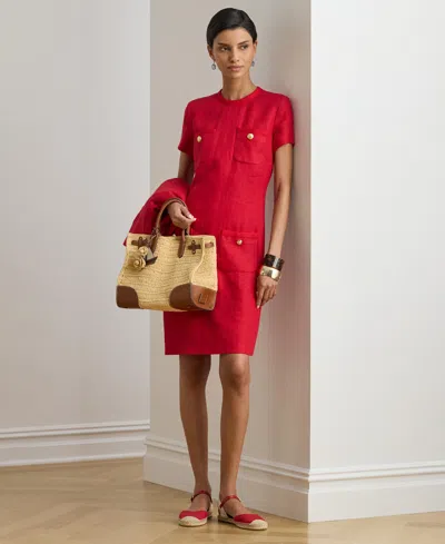 Ralph Lauren Linen Herringbone Shift Dress In Cruise Red