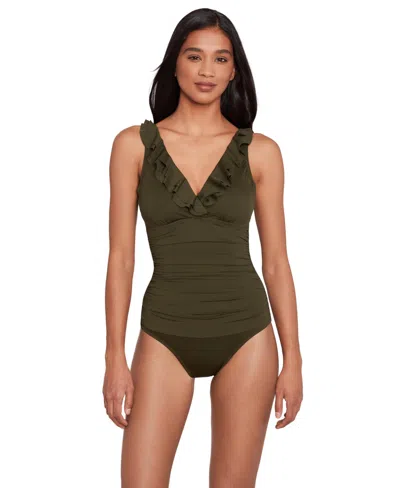 Ralph Lauren Ruffle Surplice One Piece Swimsuit In Olive