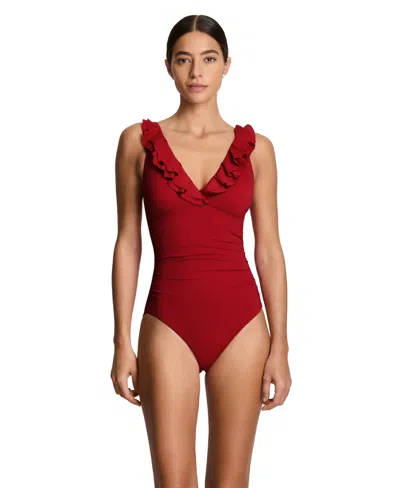 Ralph Lauren Women's Ruffle Surplice One-piece Swimsuit In Red