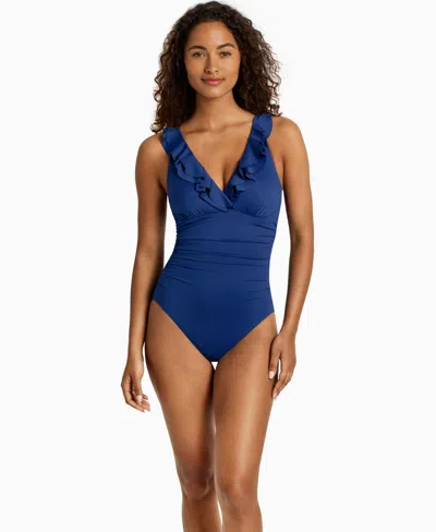 Ralph Lauren Women's Ruffle Surplice One-piece Swimsuit In Blue