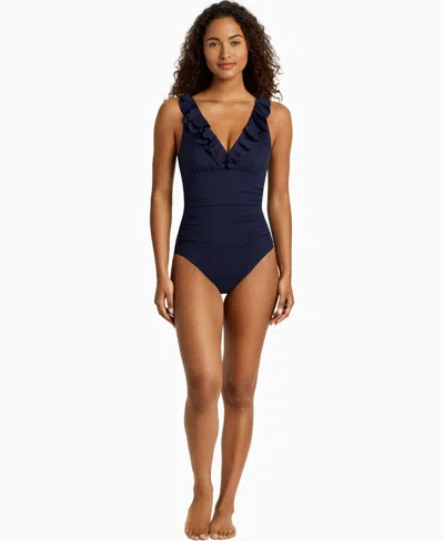 Ralph Lauren Women's Ruffle Surplice One-piece Swimsuit In Black