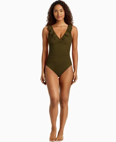 Ralph Lauren Women's Ruffle Surplice One-piece Swimsuit In Green