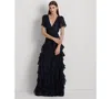 Ralph Lauren Ruffle-trim Metallic Chiffon Gown In Navy Foil