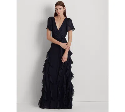 Ralph Lauren Ruffle-trim Metallic Chiffon Gown In Navy Foil