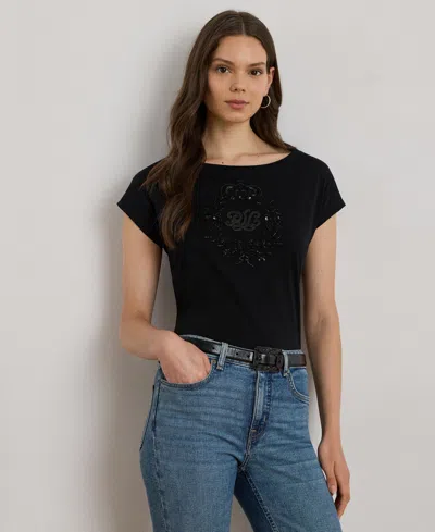 Ralph Lauren Women's Sequin Detail Boat Neck Jersey T-shirt In Black
