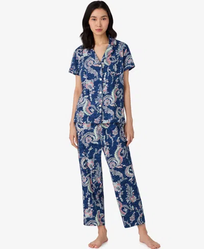 Ralph Lauren Women's Short Sleeve Notch Collar Capri Pant Pajama Set In Blue