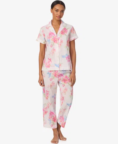 Ralph Lauren Women's Short-sleeve Notch Collar Cropped Pant Pajama Set In Pink