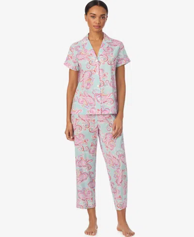 Ralph Lauren Women's Short-sleeve Notch Collar Cropped Pant Pajama Set In Pink