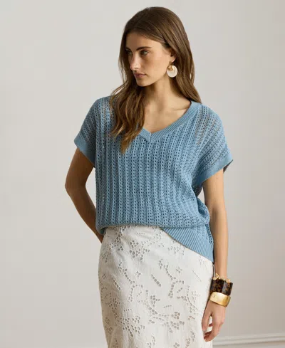 Ralph Lauren Women's Short-sleeve V-neck Ribbed Sweater In Blue