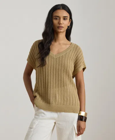Ralph Lauren Women's Short-sleeve V-neck Ribbed Sweater In Brown
