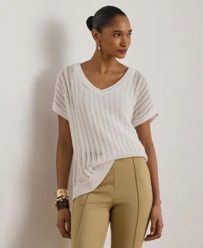 Ralph Lauren Women's Short-sleeve V-neck Ribbed Sweater In White