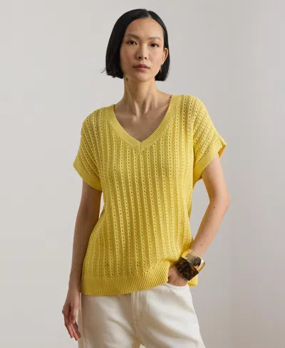 Ralph Lauren Women's Short-sleeve V-neck Ribbed Sweater In Yellow