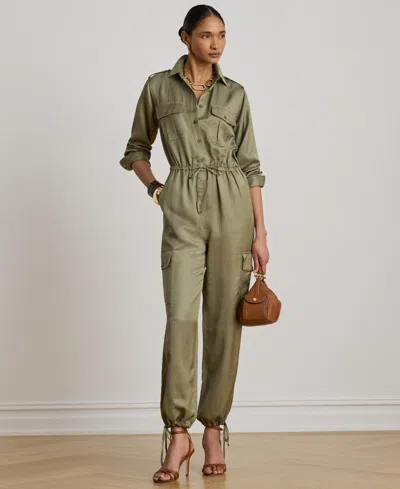 Ralph Lauren Women's Spread Collar Shantung Cargo Jumpsuit In Green