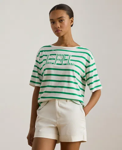 Ralph Lauren Women's Striped Beaded-logo T-shirt In Green