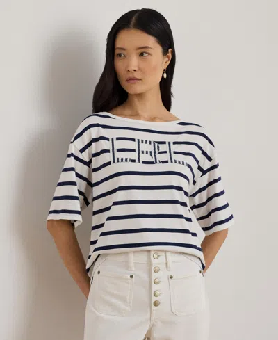 Ralph Lauren Women's Striped Beaded-logo T-shirt In White