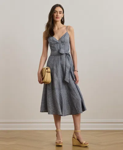 Ralph Lauren Women's Striped Belted Linen Sleeveless Dress