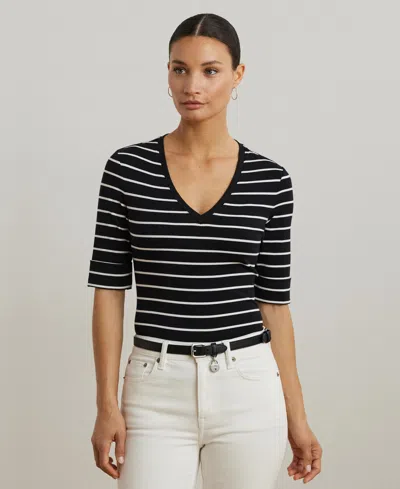Ralph Lauren Women's Striped Cotton Elbow-sleeve V-neck Tee