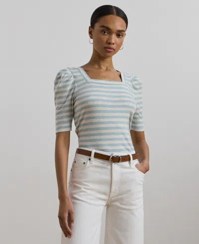 Ralph Lauren Women's Striped Cotton Jersey Puff-sleeve Tee In Aqua Pearl,mascarpone Cream