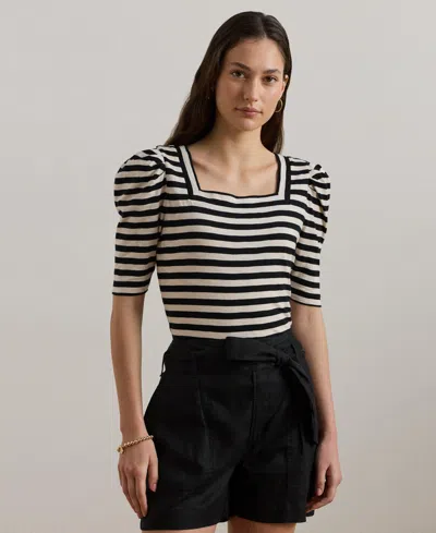 Ralph Lauren Women's Striped Cotton Jersey Puff-sleeve Tee In Black,mascarpone Cream