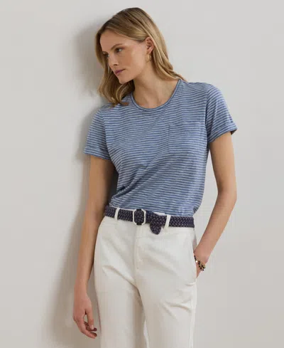 Ralph Lauren Women's Striped Cotton Slub Jersey Pocket Tee In Gray
