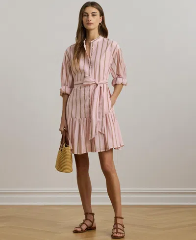 Ralph Lauren Striped Voile Blouson-sleeve Shirtdress In Rose Blush Multi