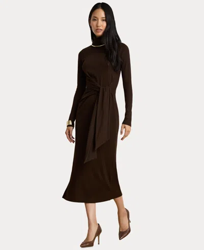 Ralph Lauren Tie-front Cotton-blend Turtleneck Dress In Circuit Brown