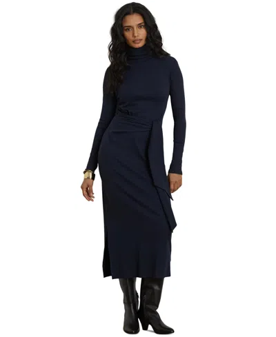 Ralph Lauren Tie-front Cotton-blend Turtleneck Dress In Lauren Navy In Black