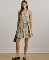 Ralph Lauren Striped Cotton Sleeveless Surplice Dress In Ivory Beige,black