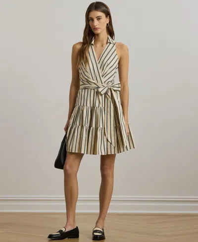 Ralph Lauren Striped Cotton Sleeveless Surplice Dress In Ivory Beige,black