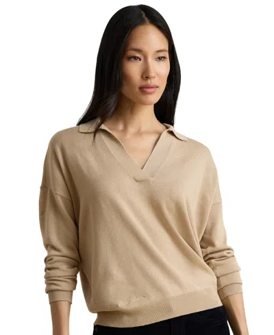 Ralph Lauren Women's V-neck Polo Sweater In Light Lauren Camel