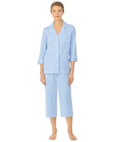 Ralph Lauren Womens 3 4 Sleeve Cotton Notch Collar Capri Pant Pajama Set Xs 3x In Blue