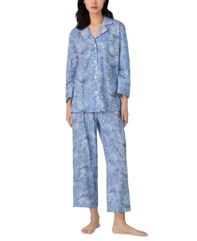 Ralph Lauren Womens 3/4 Sleeve Cotton Notch Collar Capri Pant Pajama Set