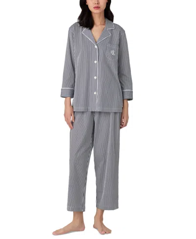 Ralph Lauren Womens 3/4 Sleeve Cotton Notch Collar Capri Pant Pajama Set