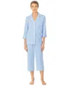 Ralph Lauren Womens 3/4 Sleeve Cotton Notch Collar Capri Pant Pajama Set In French Blue Stripe
