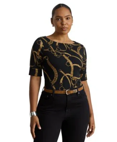 Ralph Lauren Womens Boat Neck Belting Print T Shirt In Black,tan