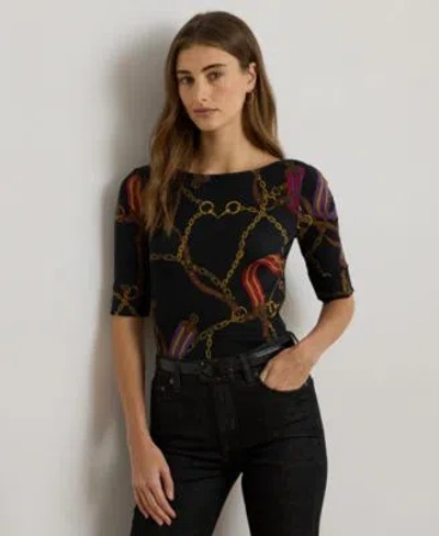 Ralph Lauren Womens Boat Neck Belting Print T Shirt P Xs Xxl In Black