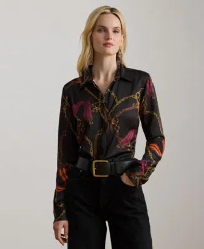 Ralph Lauren Womens Classic Fit Belting Print Satin Shirt P Xs Xxl In Black