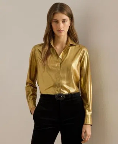 Ralph Lauren Womens Classic Fit Metallic Chiffon Shirt P Xs Xxl In Yellow