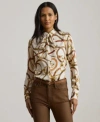 Ralph Lauren Womens Classic Fit Print Twill Tie Neck Shirt P Xs Xxl In Brown