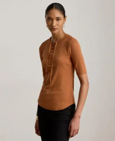 Ralph Lauren Womens Crewneck Lace Up Ribbed Elbow Sleeve T Shirt In Brown