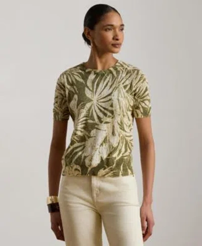 Ralph Lauren Palm-frond-print Short-sleeve Sweater In Olive Multi In Green