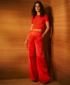 Ralph Lauren Womens Cropped Short Sleeve Sweater Satin Charmeuse Wide Leg Cargo Pants In Red