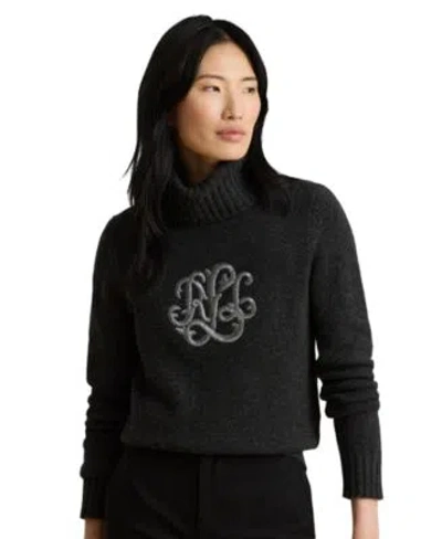 Ralph Lauren Womens Embroidered Logo Wool Blend Turtleneck Sweater In Black