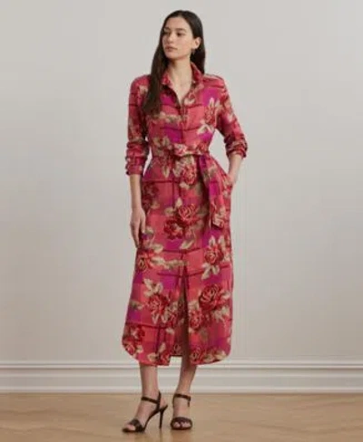 Ralph Lauren Womens Floral Checked Linen Shirtdress 0p 22w In Red